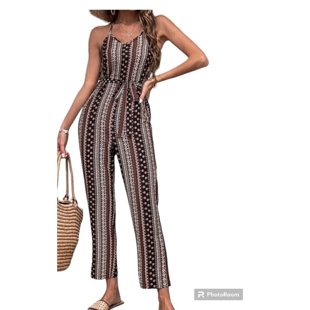 Women's Boho Floral & Geo Print Tie Back Belted Halter Jumpsuit Size Small